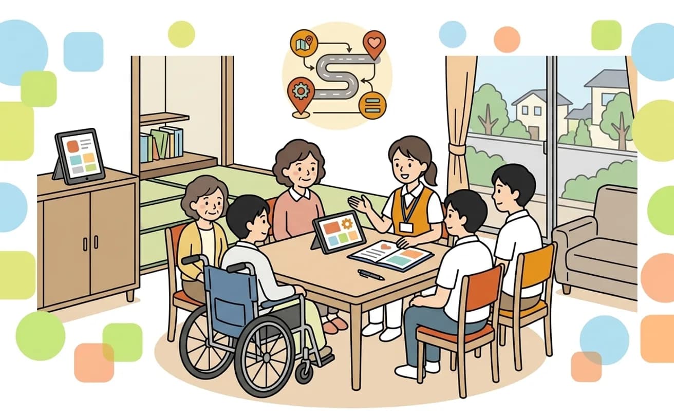 若い利用者と家族が制度の切り替えについて説明を受けるイラスト