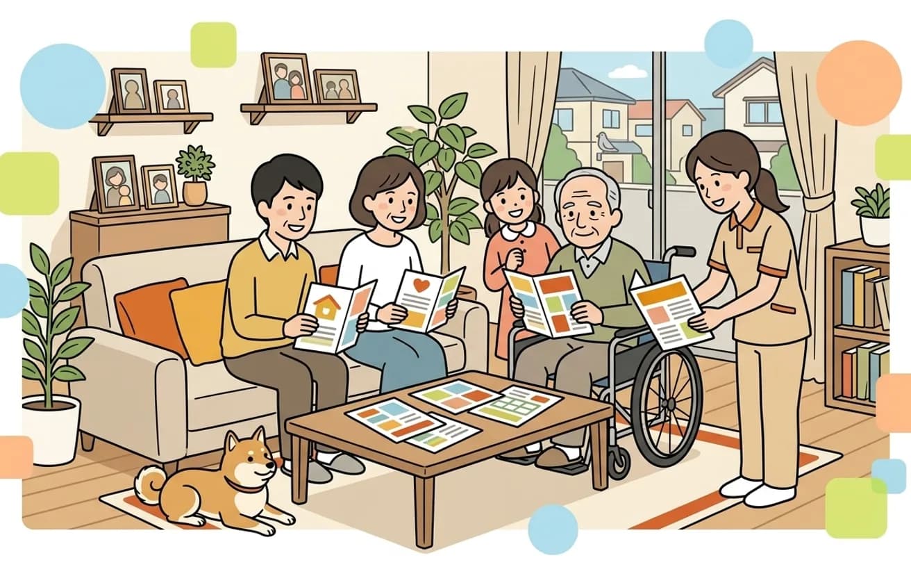 家族が事業所のパンフレットを見比べているイラスト