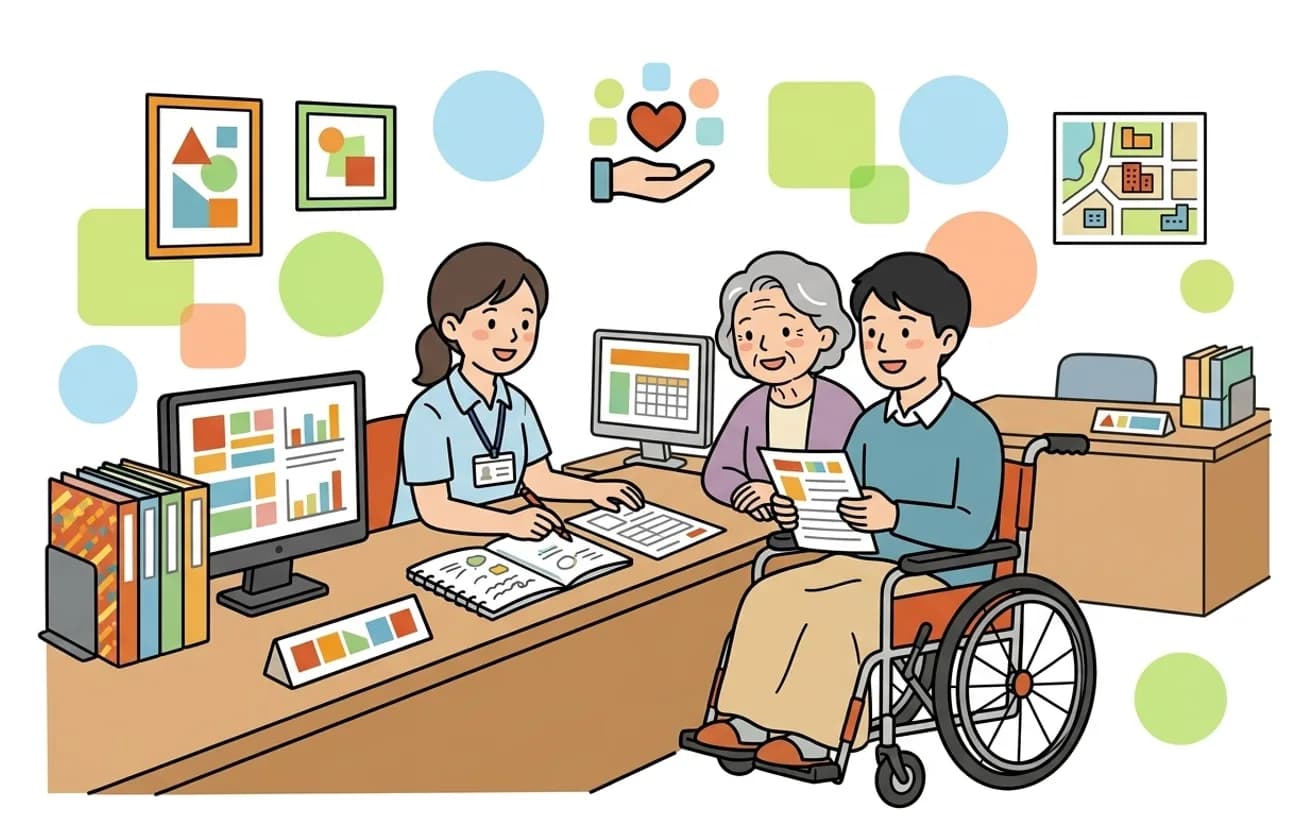 市役所の窓口で家族と車いすの本人が職員と申請の進め方を相談しているイラスト