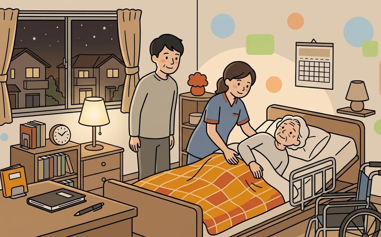 夜間にヘルパーが利用者の体位変換をしているイラスト