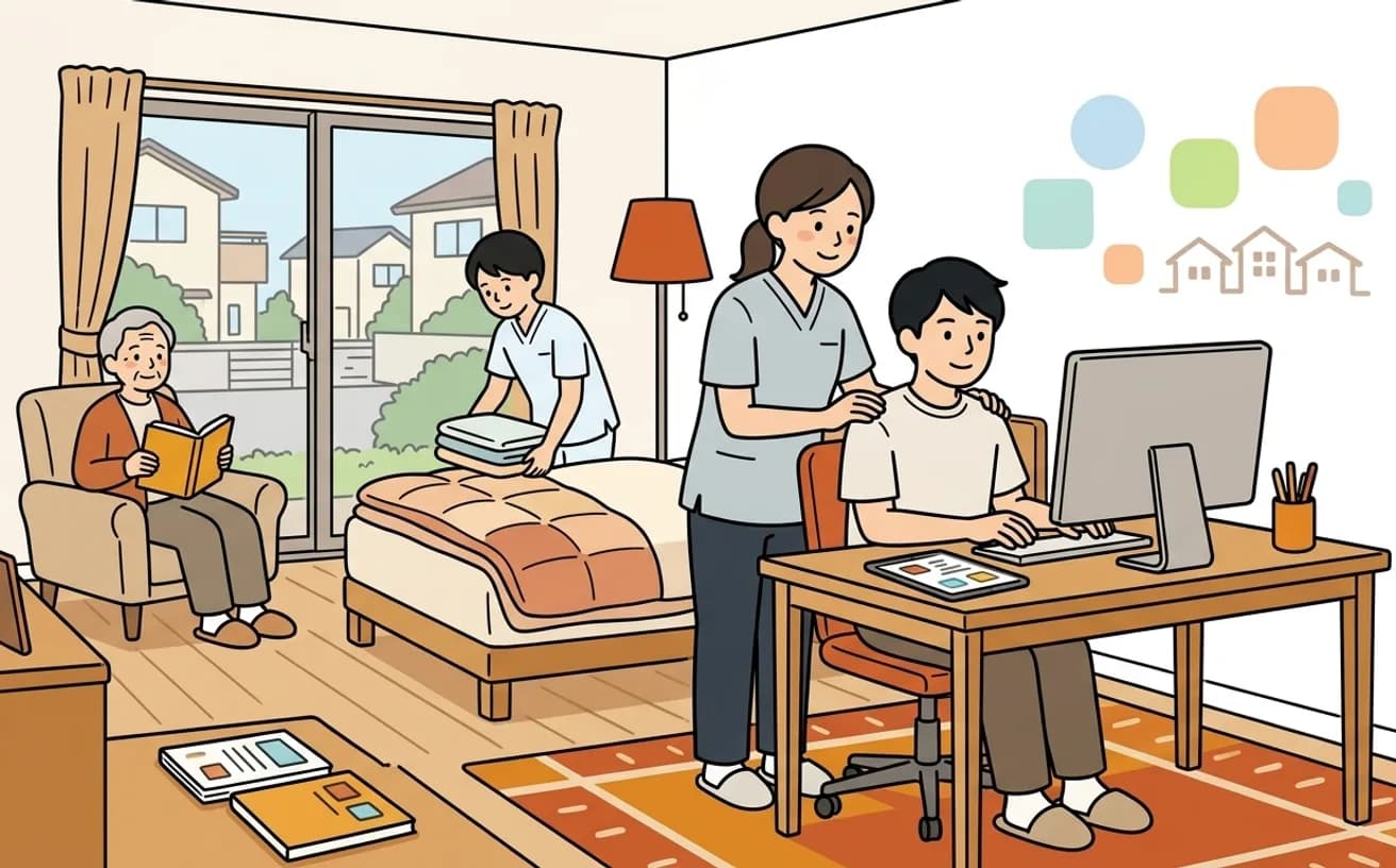 在宅で仕事をする利用者をヘルパーが支えているイラスト