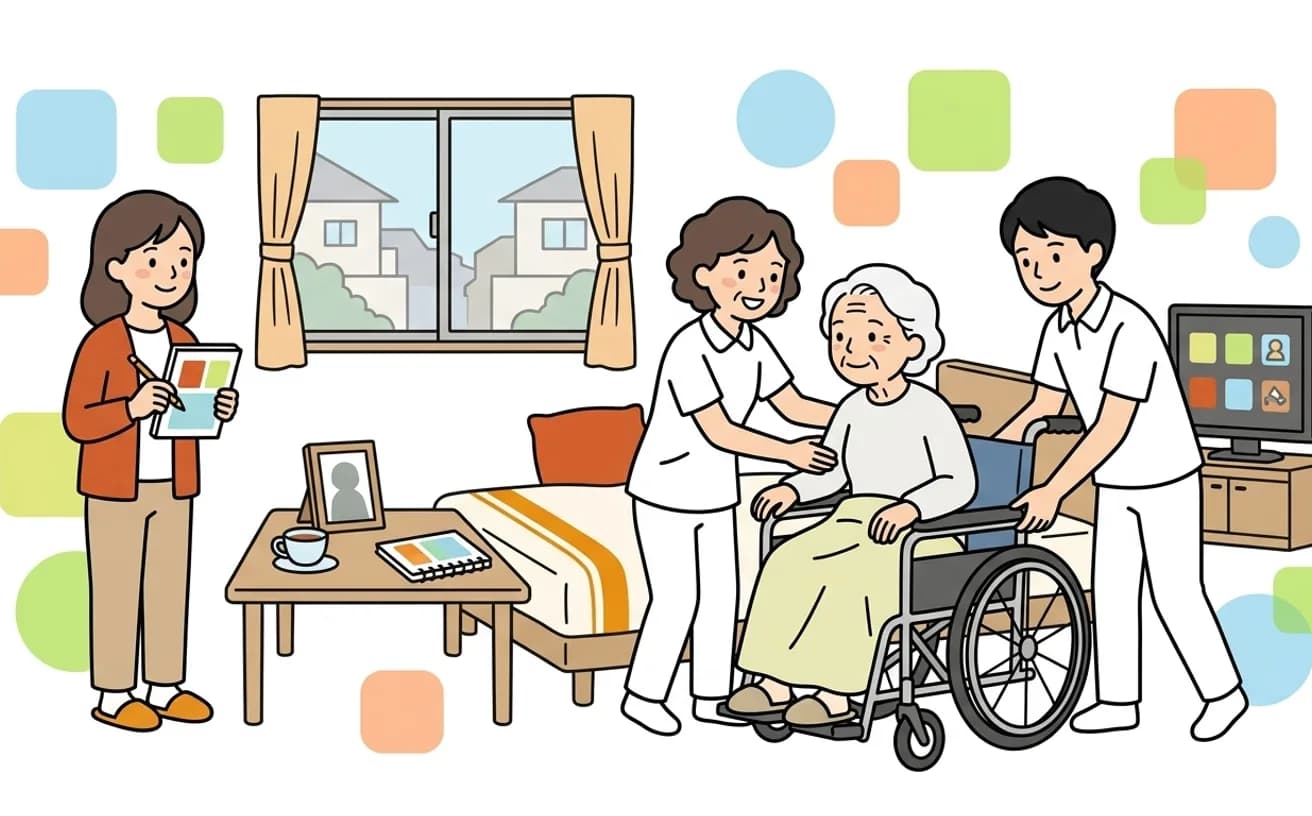 ヘルパーが利用者の車椅子への移乗を介助するイラスト