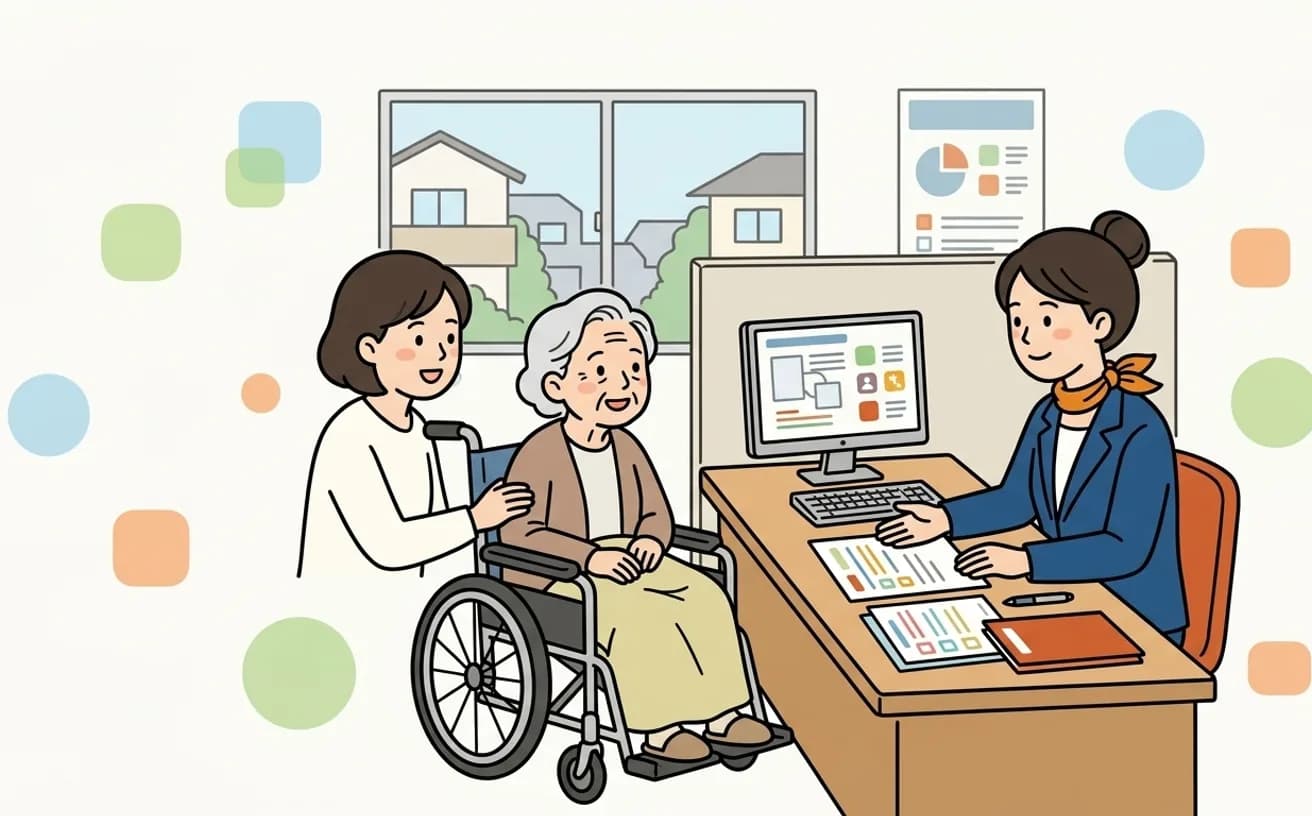 市役所の窓口で家族が申請について職員に相談しているイラスト