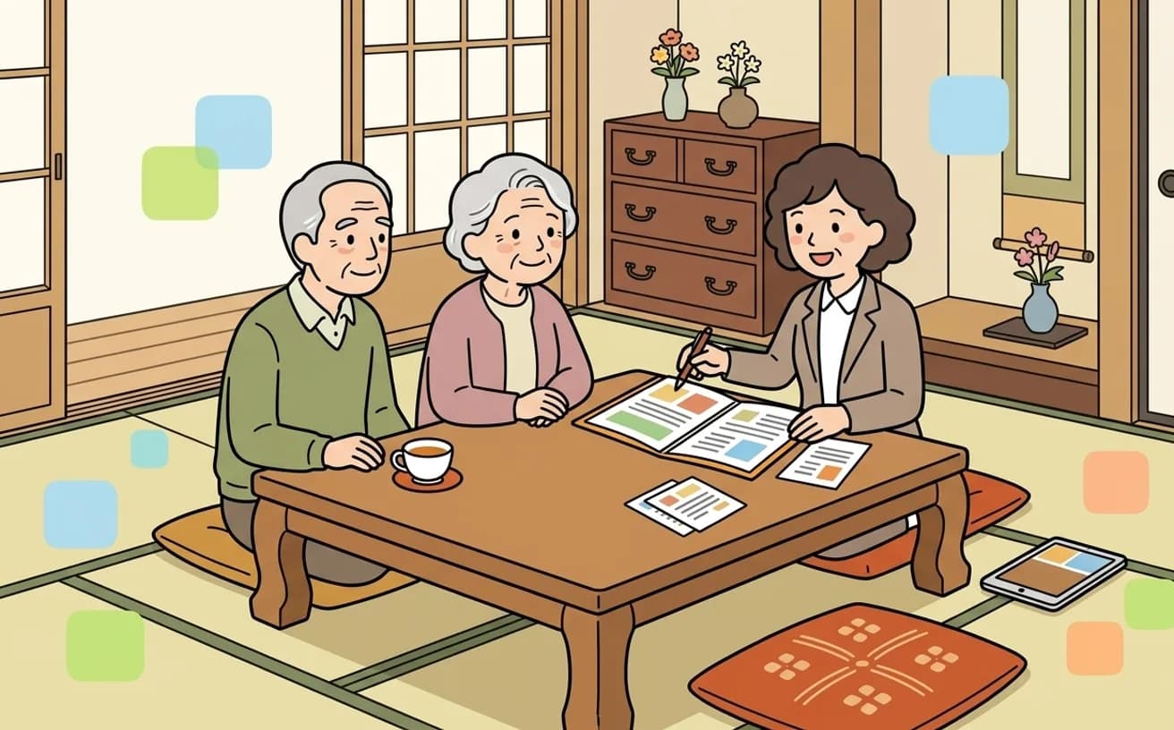 ケアマネジャーが利用者と家族に制度を説明しているイラスト