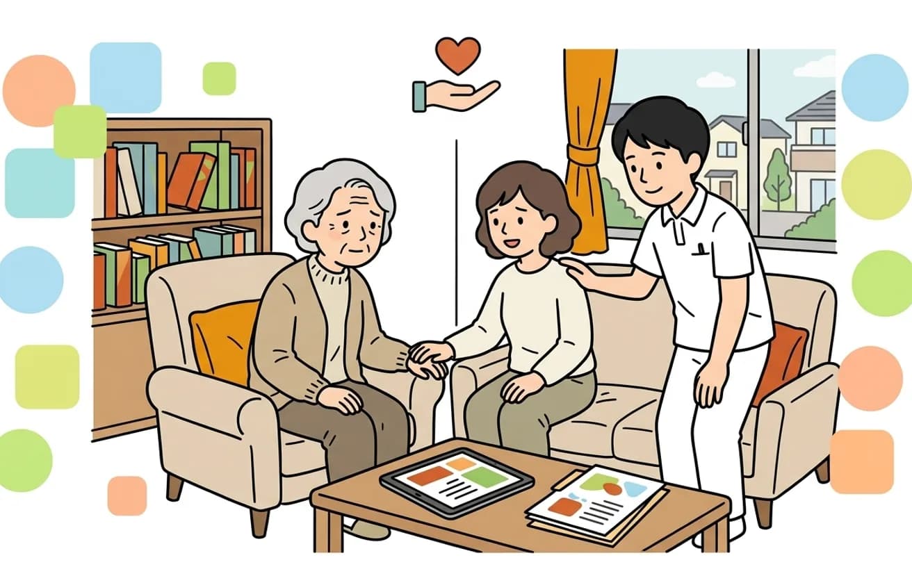 診断後の利用者に家族とヘルパーが寄り添うイラスト