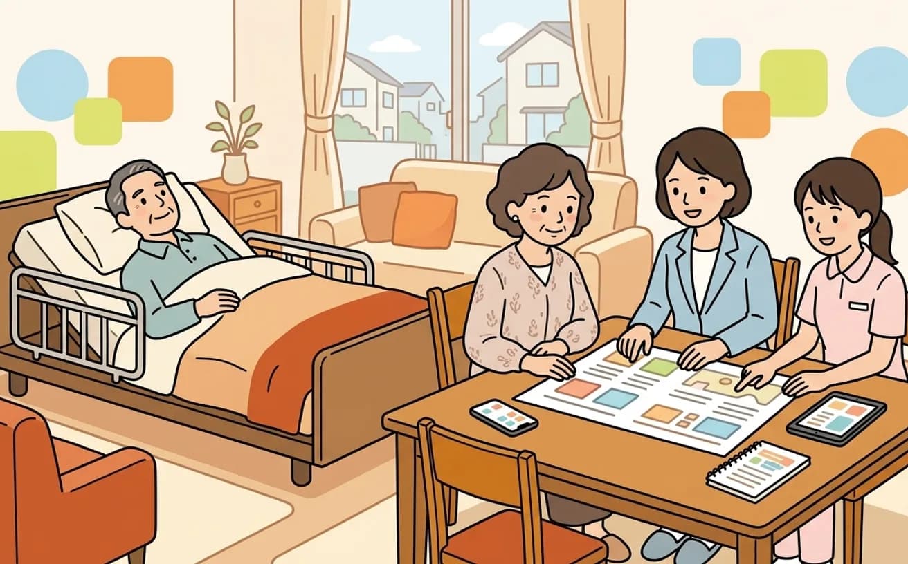 自宅で本人のそばに家族とケアマネジャー、ヘルパーが集まり、介護の予定を話し合っているイラスト