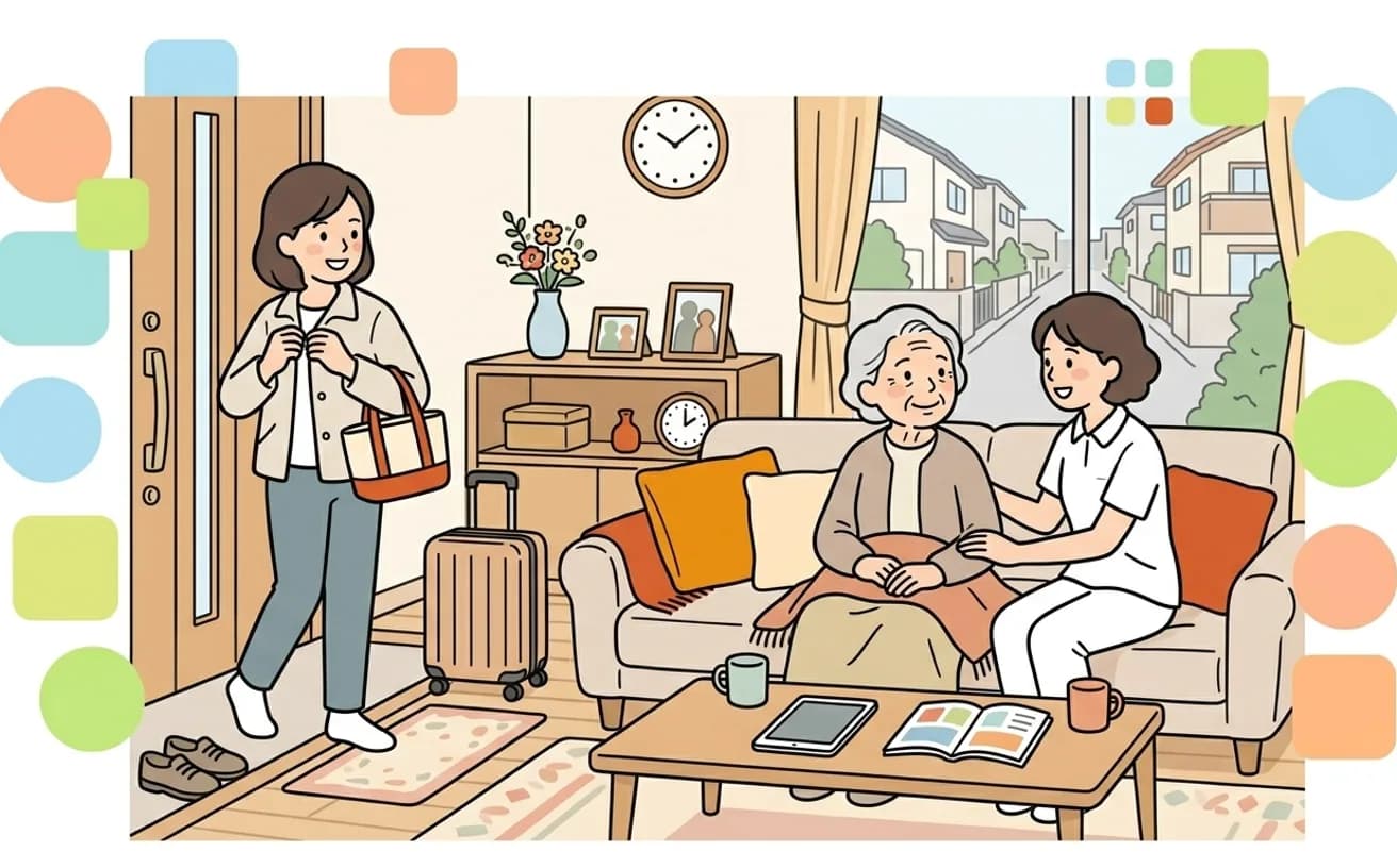 日中ヘルパーが利用者に付き添い家族が外出準備をするイラスト