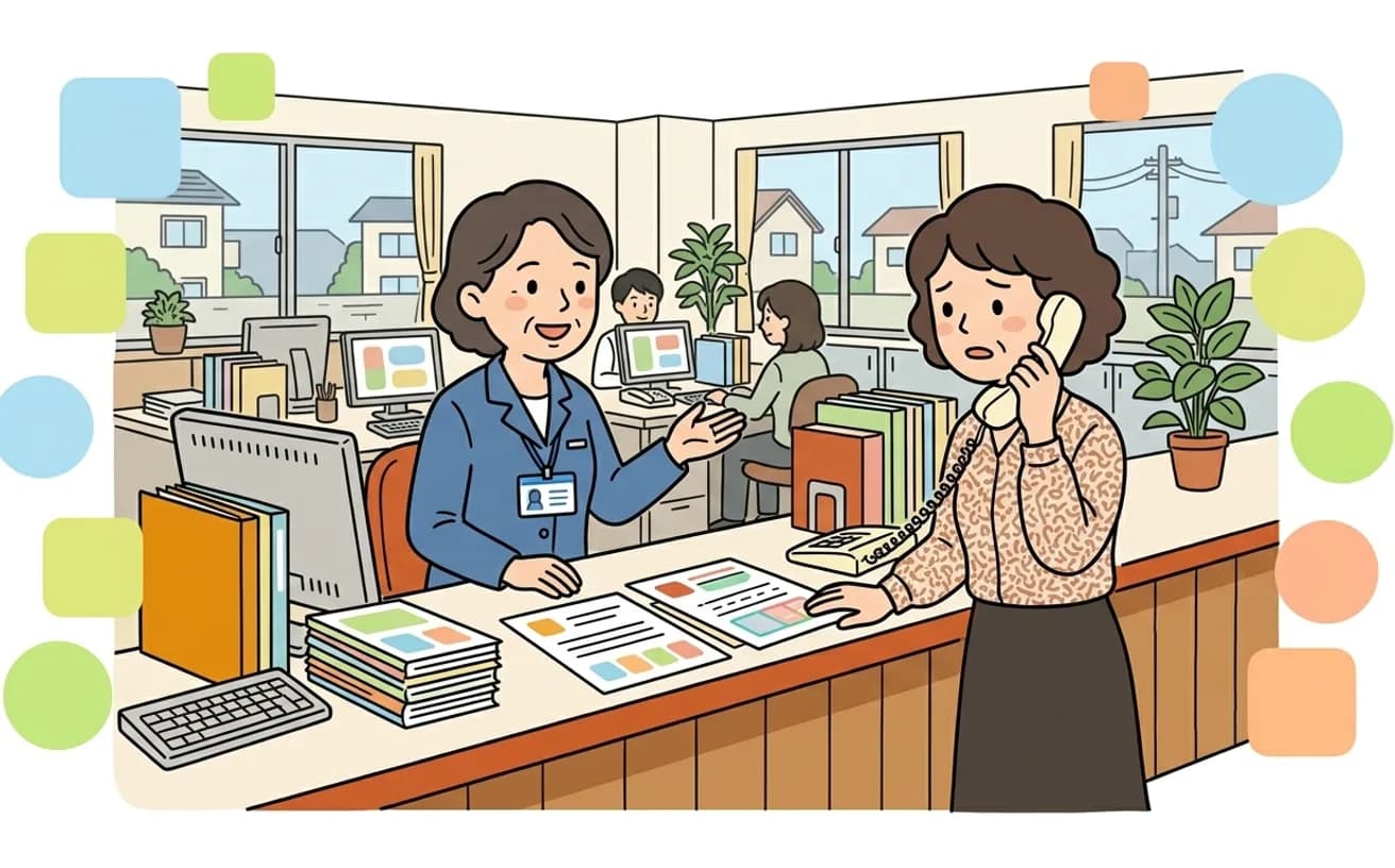 電話で相談したあと市役所窓口を訪れる家族のイラスト