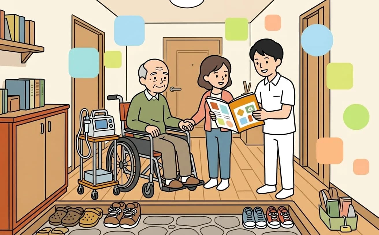 家族が福祉用具のカタログを確認しているイラスト