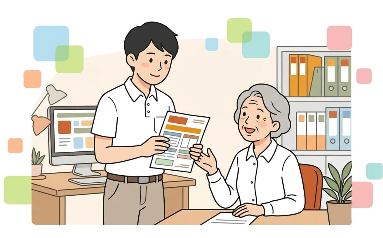 スタッフが給与明細を見ながら話しているイラスト