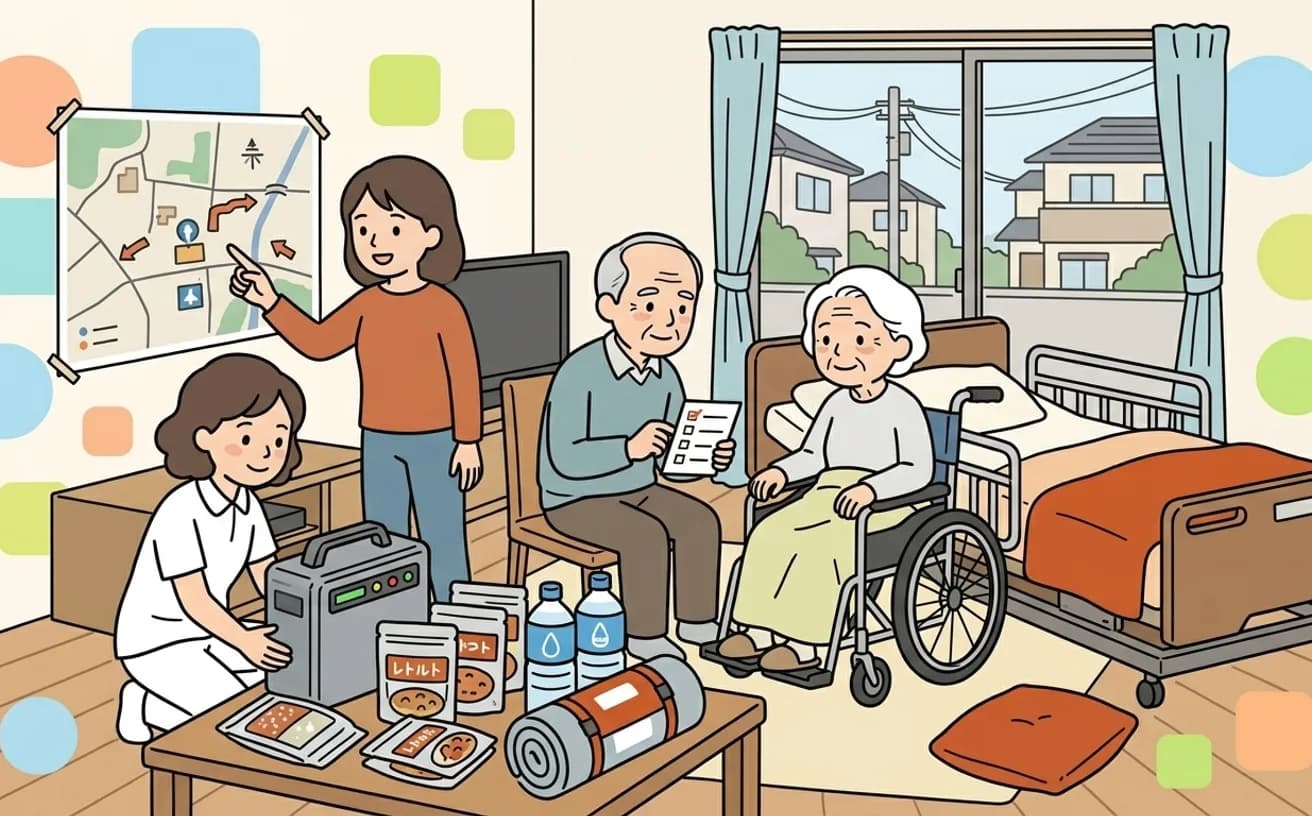 家族とヘルパーが災害への備えを確認しているイラスト