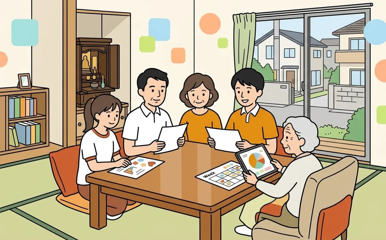 家族が集まって介護分担を話し合っているイラスト