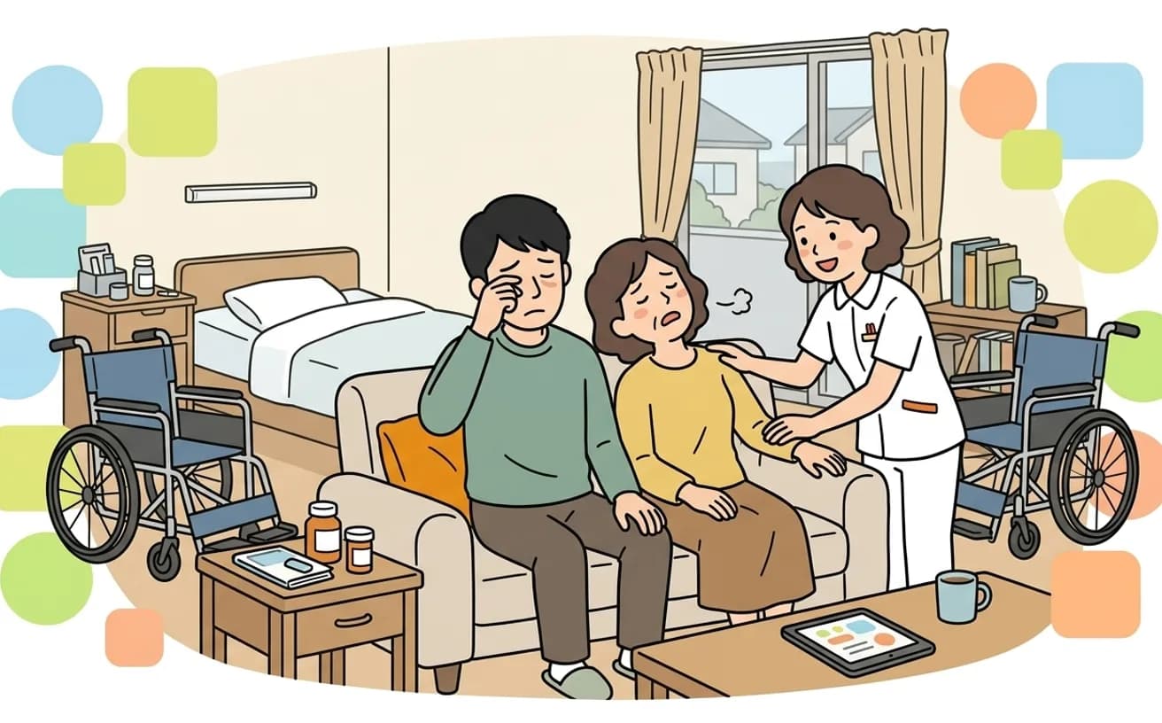 疲れた家族がヘルパーに支えられるイラスト