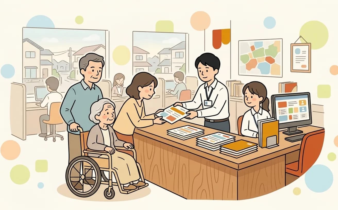 市役所の窓口で家族が申請について職員に相談しているイラスト