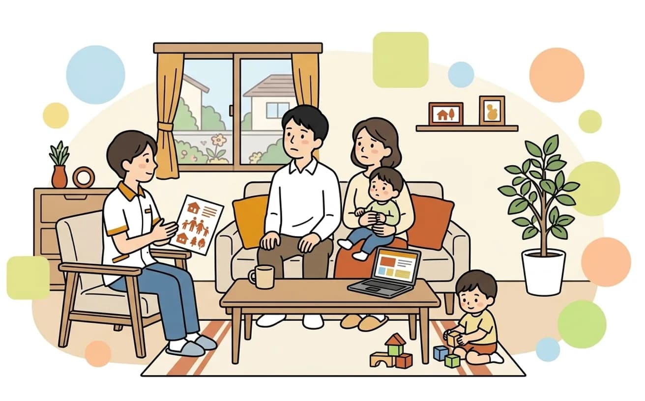 親が子どもの将来についてヘルパーと話し合うイラスト
