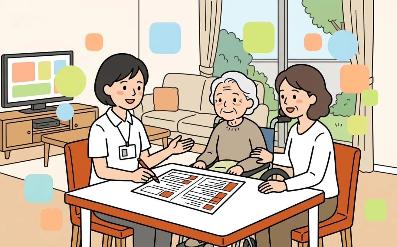 自宅で調査員が家族から聞き取りをしているイラスト
