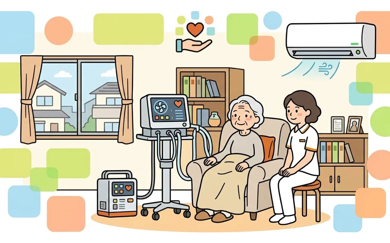 自宅で人工呼吸器と外部バッテリーを見守るヘルパーのイラスト
