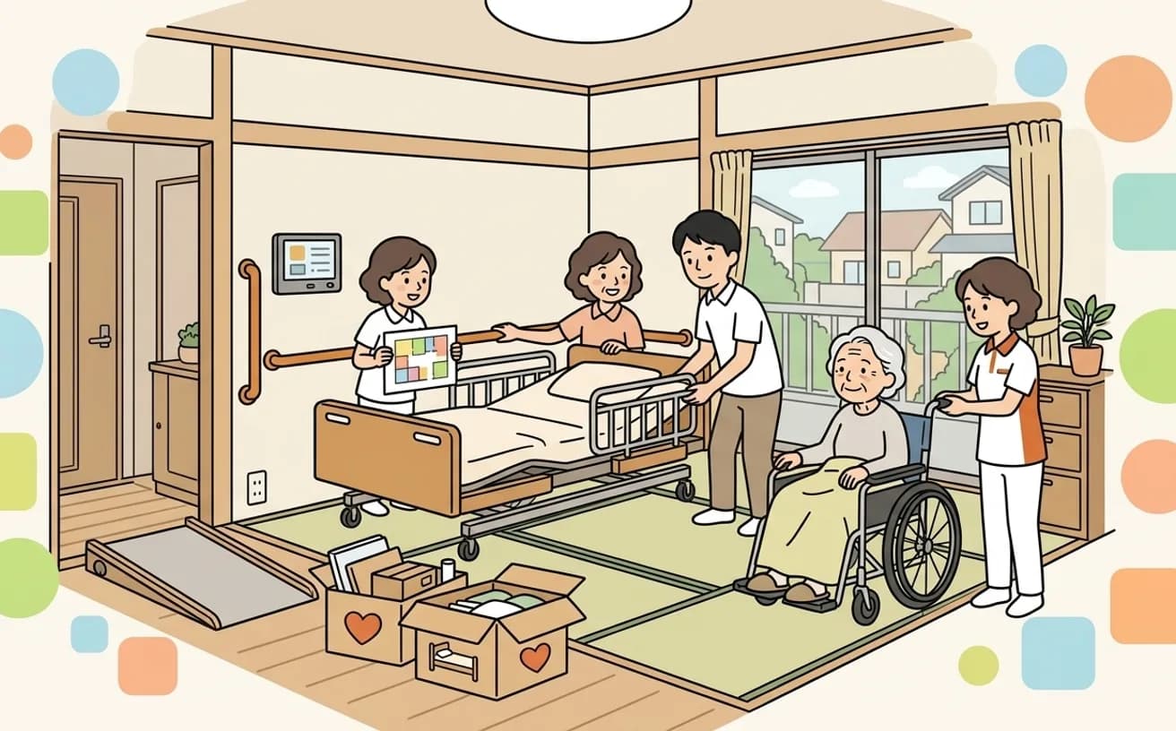 家族が自宅の介護環境を整えているイラスト