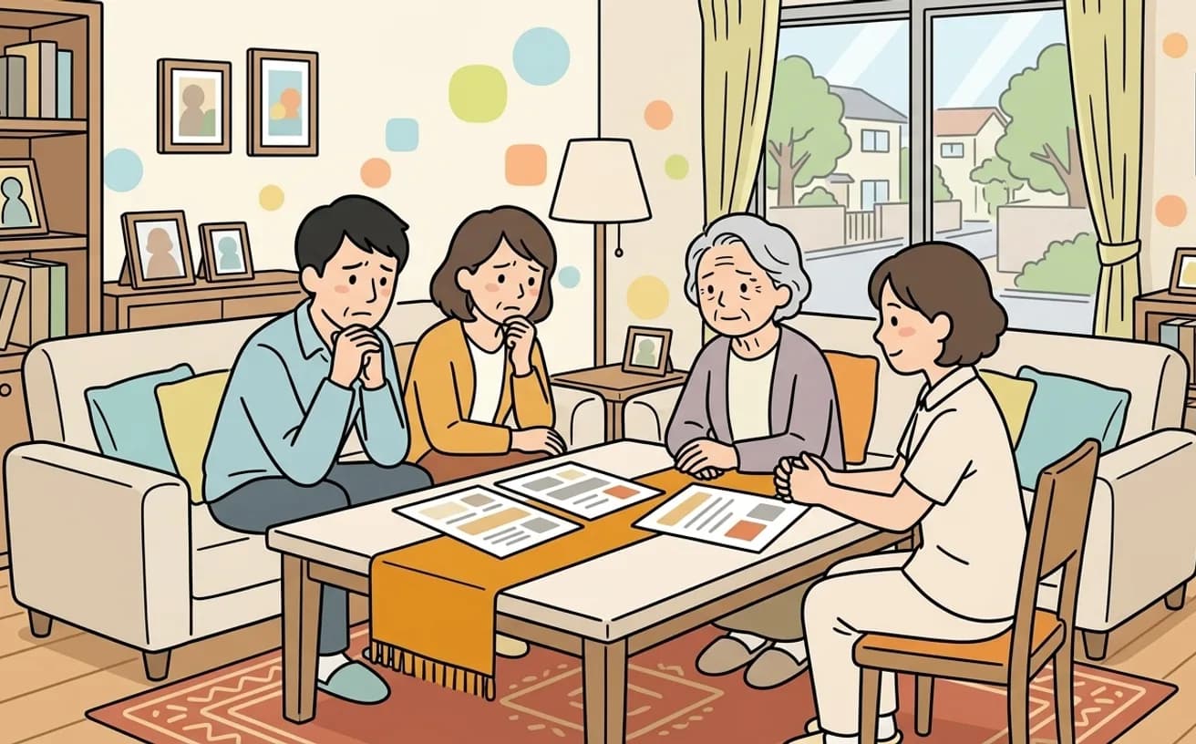 家族がヘルパーと暮らし方について話し合うイラスト