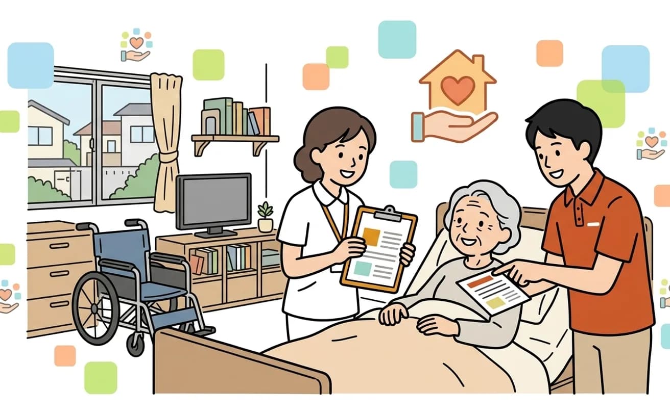 訪問看護師とヘルパーが自宅で連携しているイラスト