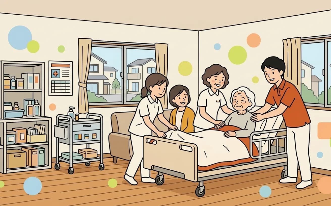 入院中の病室でヘルパーが利用者に付き添うイラスト