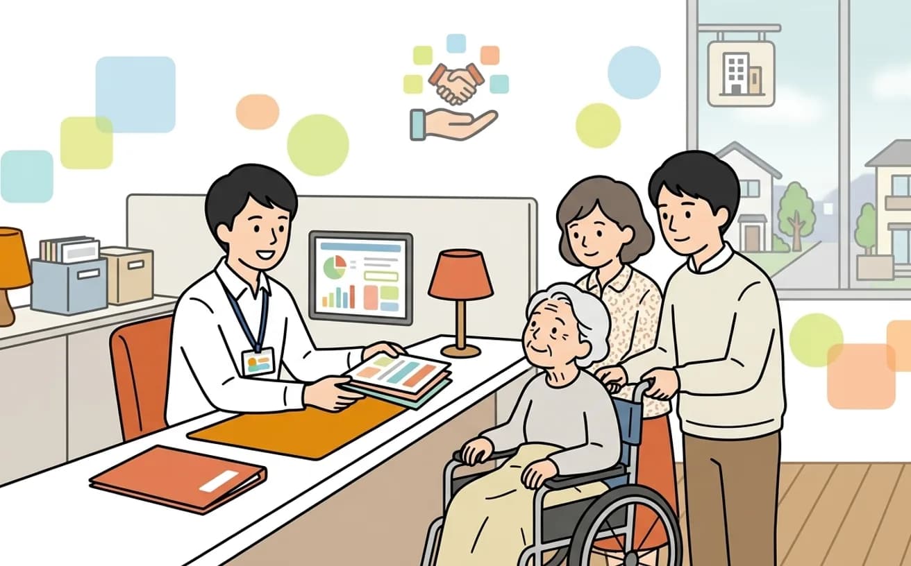 初めて申請する家族が窓口で案内を受けているイラスト