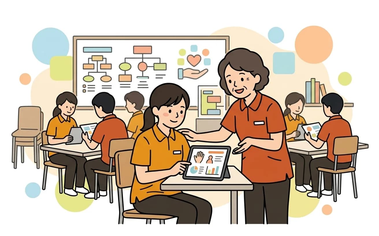 新人スタッフが先輩から指導を受けているイラスト