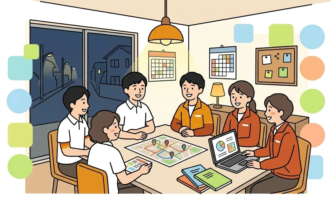スタッフたちが笑顔で集まっているイラスト