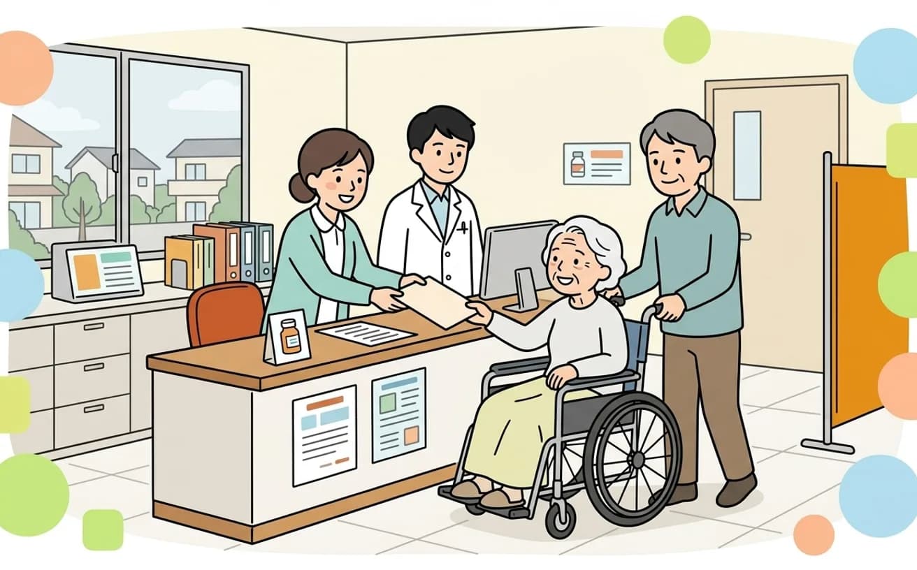 利用者が窓口で医療証を提示しているイラスト
