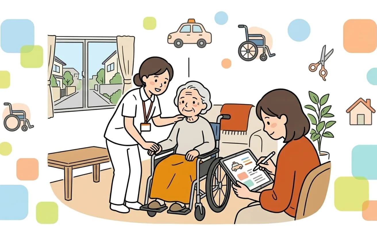 自宅で家族がタブレットを見ながら介護タクシーや福祉用具の事業所を探しているイラスト