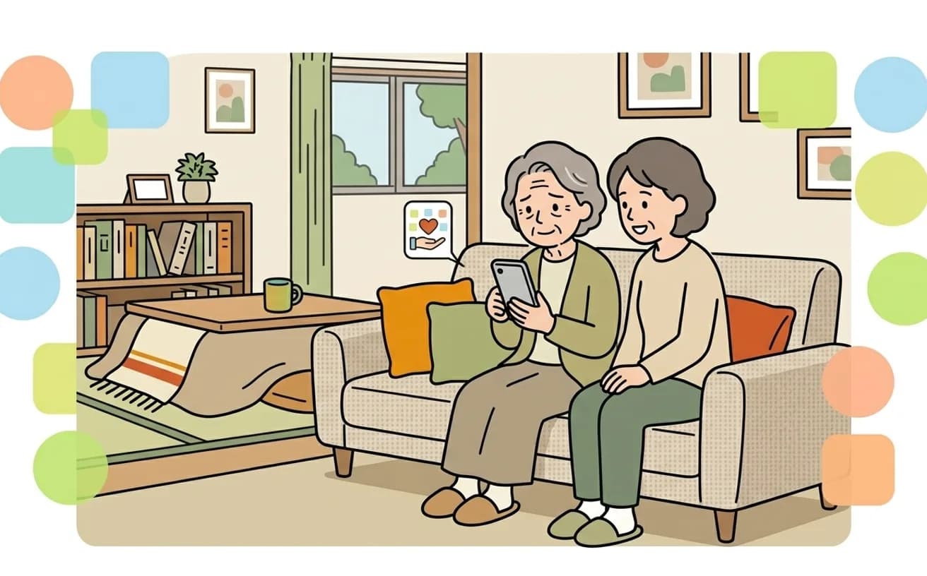 家族がスマートフォンでコミュニティとつながるイラスト