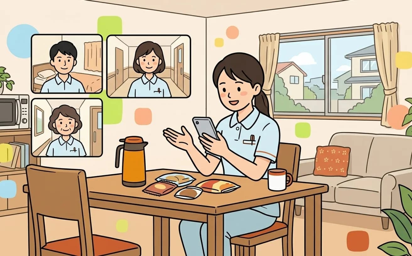 介護職のスタッフがスマートフォンでつながるイラスト