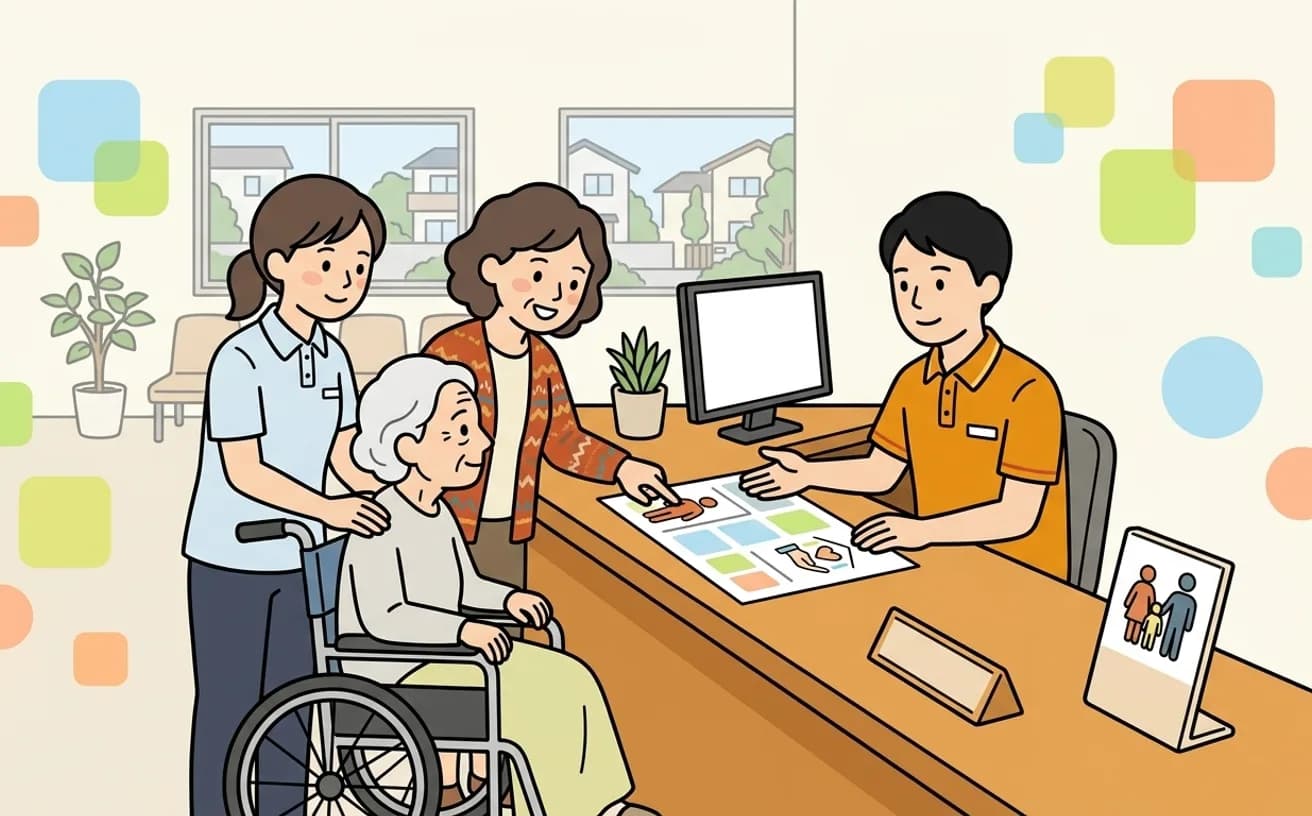 市役所の窓口で家族が申請について職員に相談しているイラスト
