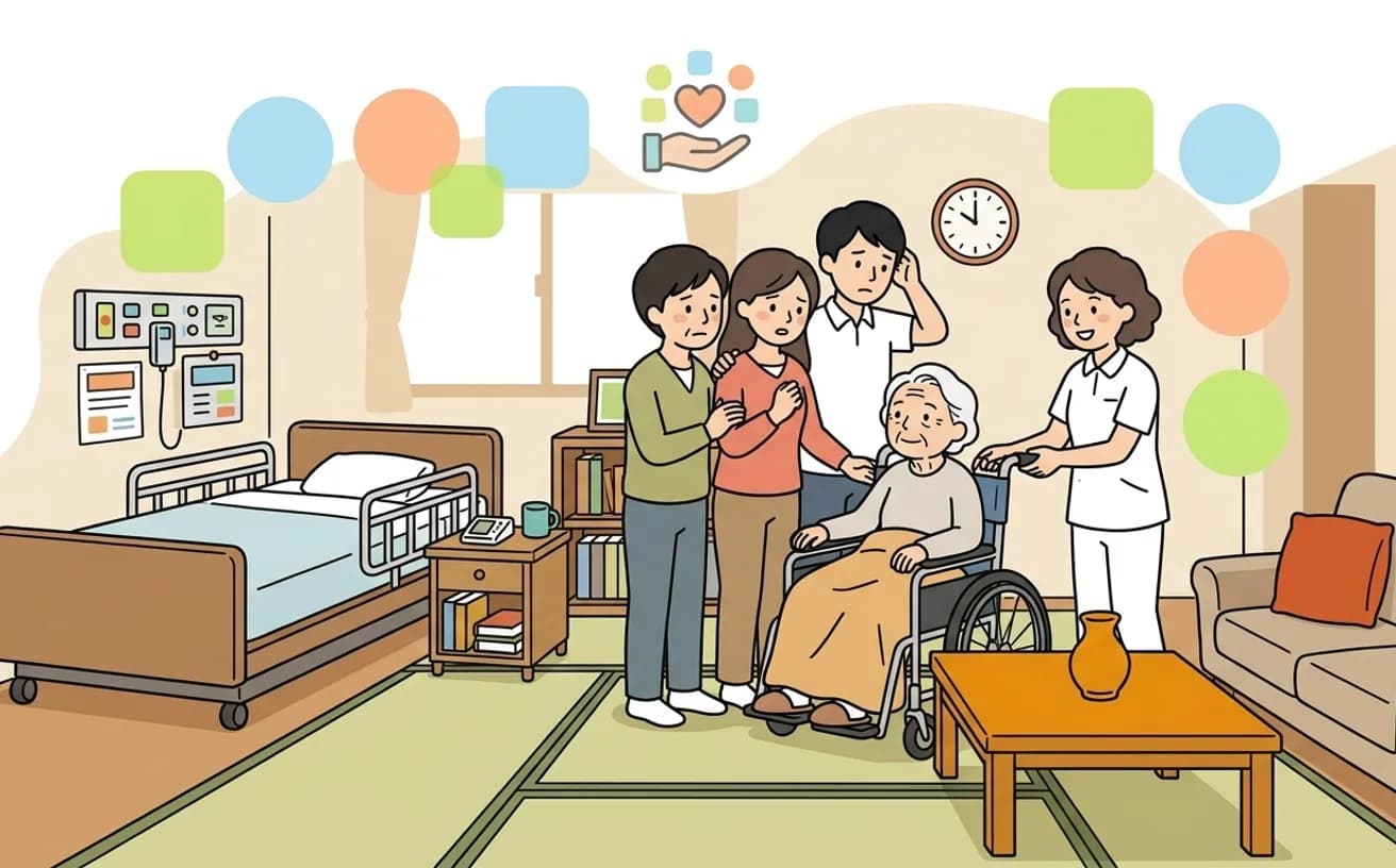 ヘルパーが長時間にわたり利用者に付き添うイラスト