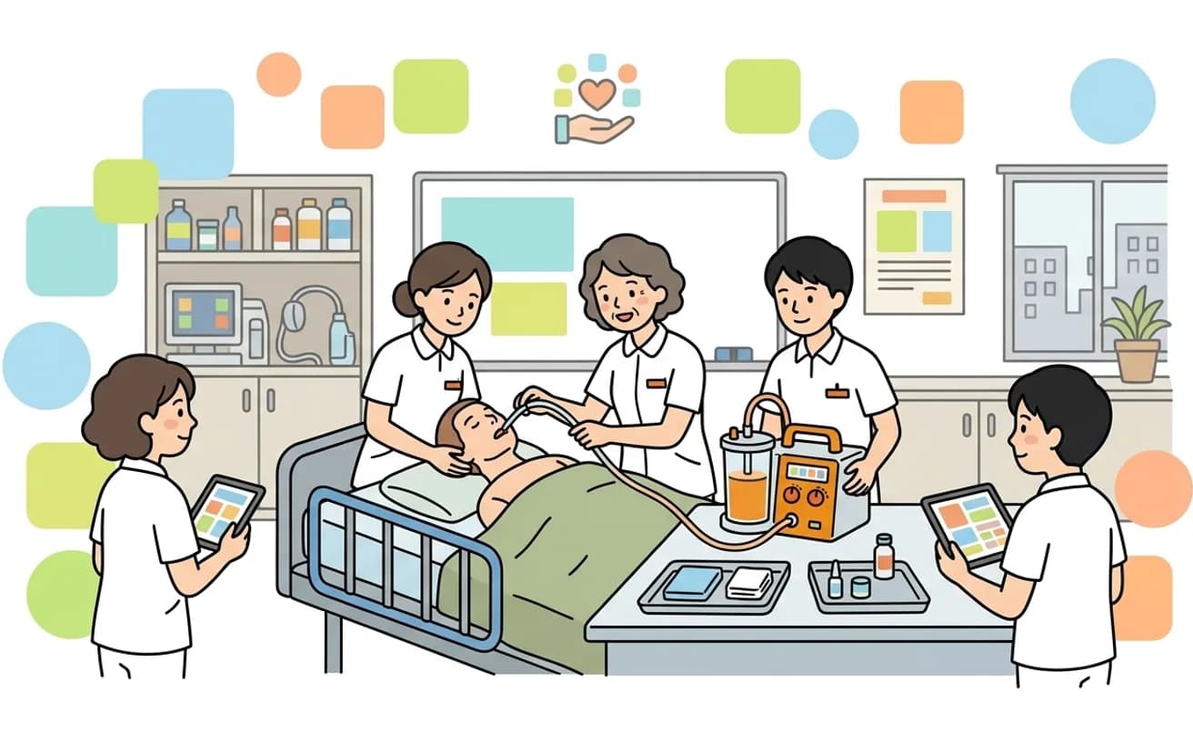 ヘルパーが医療的ケアの研修を受けているイラスト