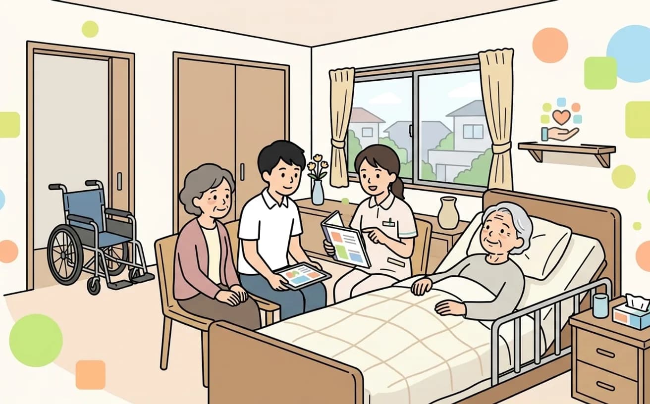 自宅でヘルパーと家族がケアについて話し合うイラスト