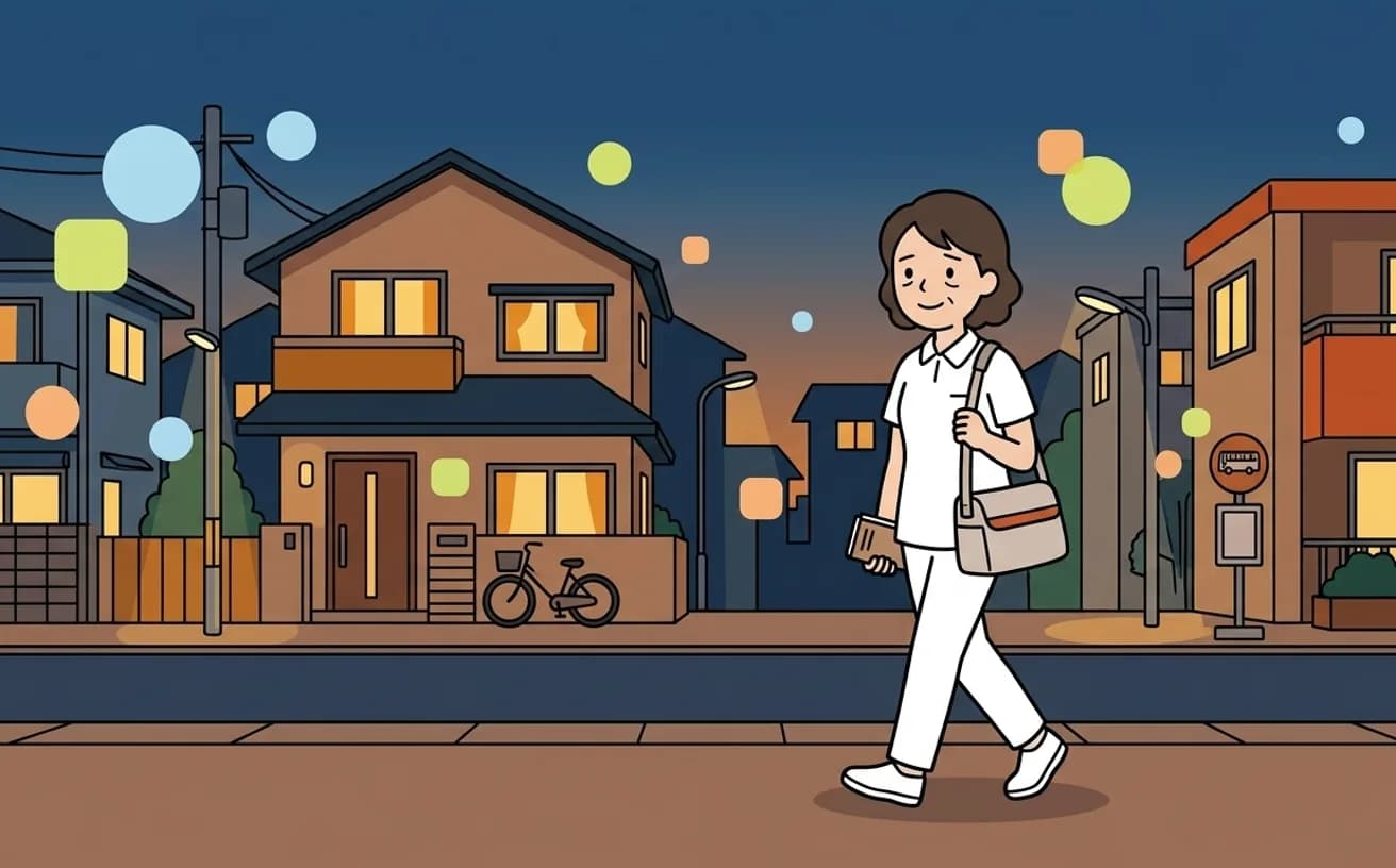 夜勤明けのヘルパーが帰路につくイラスト