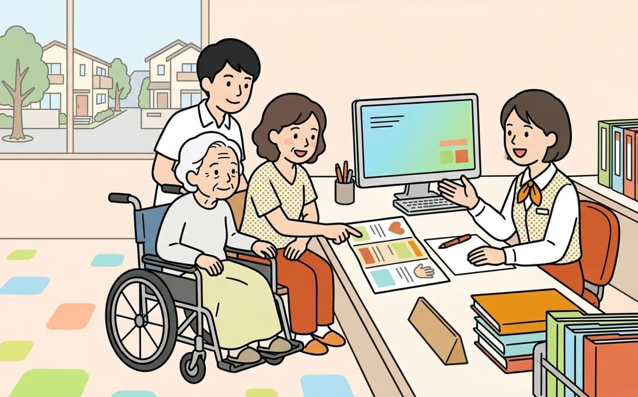 市役所の相談ブースで家族が制度の説明を受けているイラスト