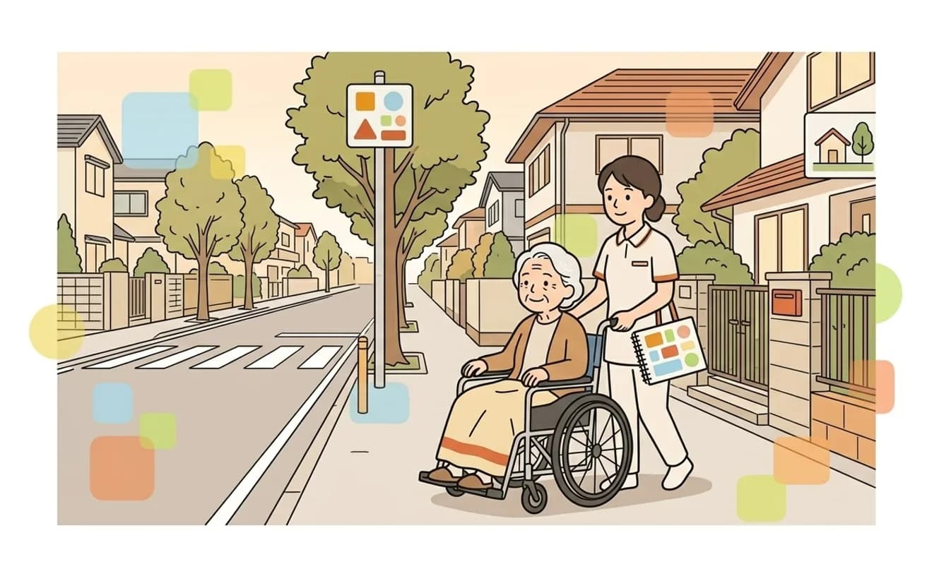 ヘルパーが利用者と一緒に外出しているイラスト