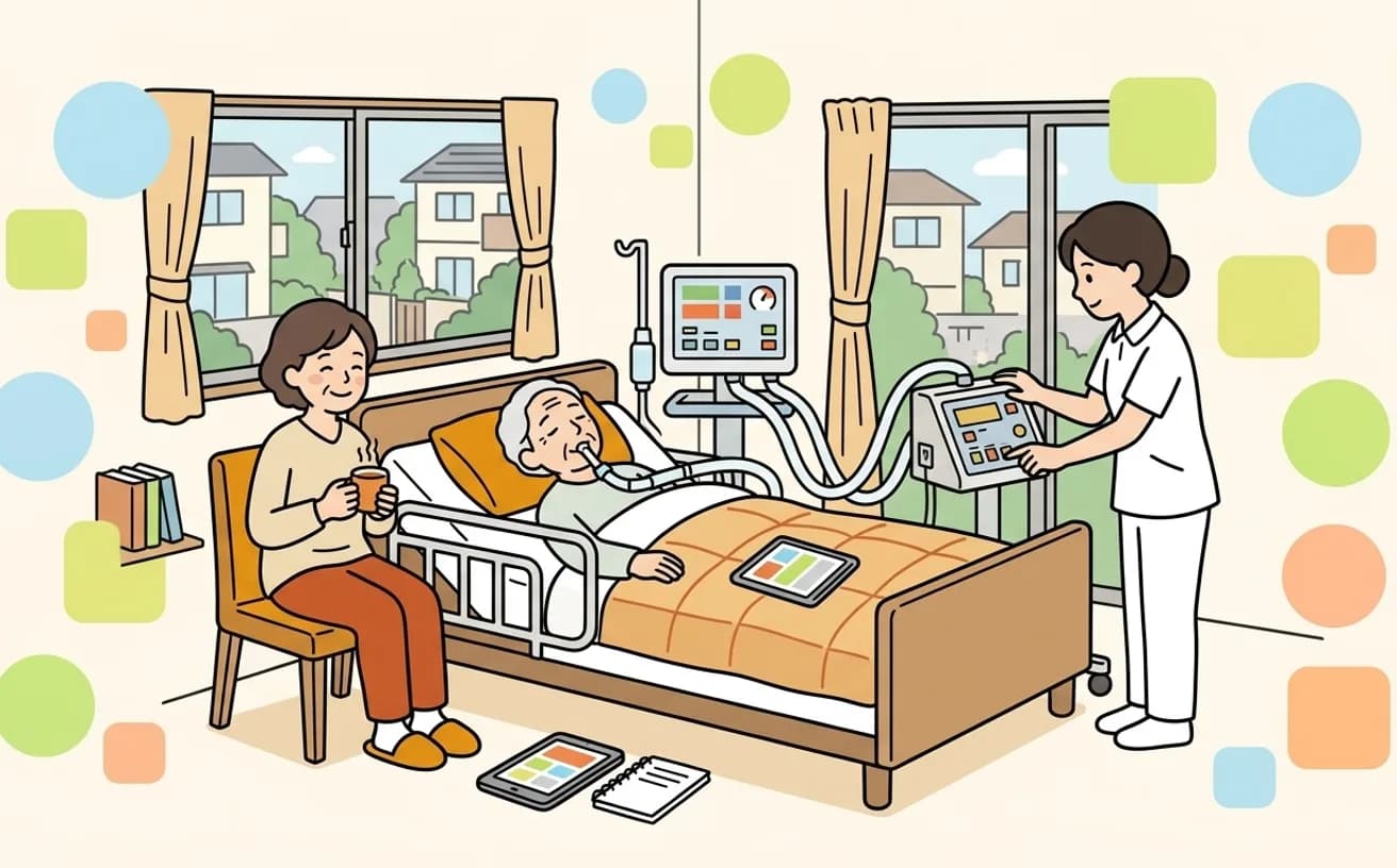 入院中の利用者のそばで家族が一息ついているイラスト