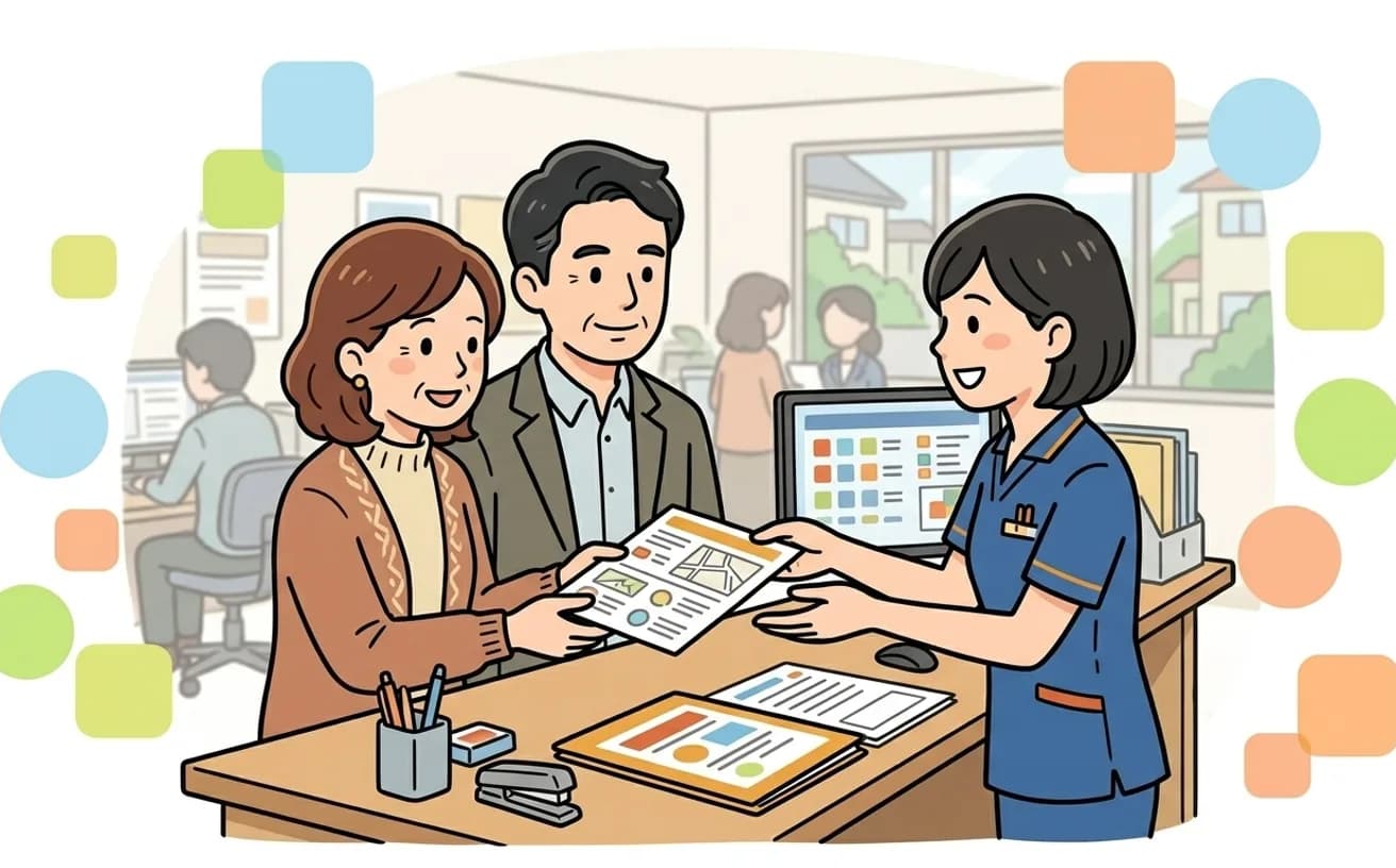 家族が相談窓口でパンフレットを受け取るイラスト