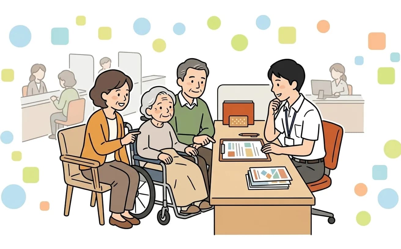 市の相談窓口で家族と車いすの本人が相談員と申請の進め方を話し合っているイラスト