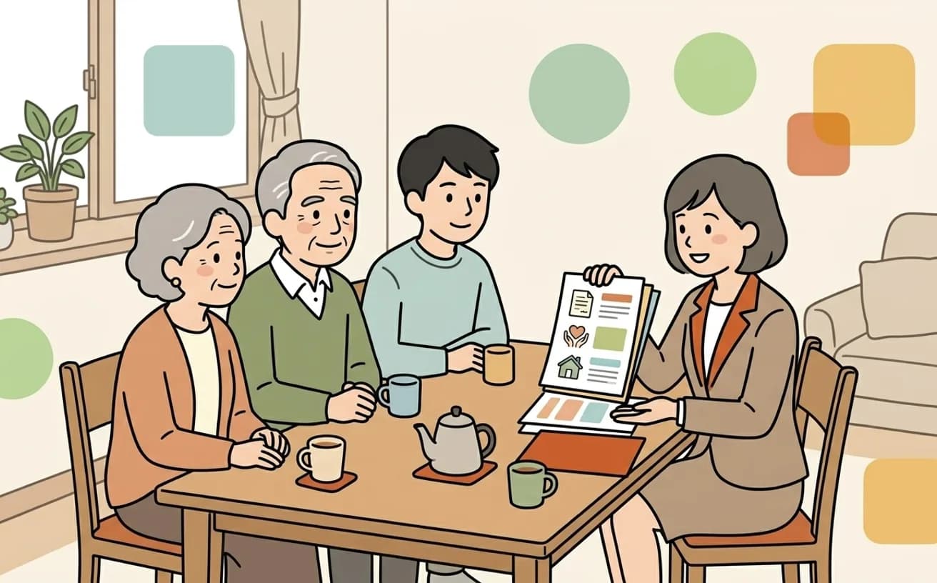 家族と相談員が契約書類を前に話し合っているイラスト