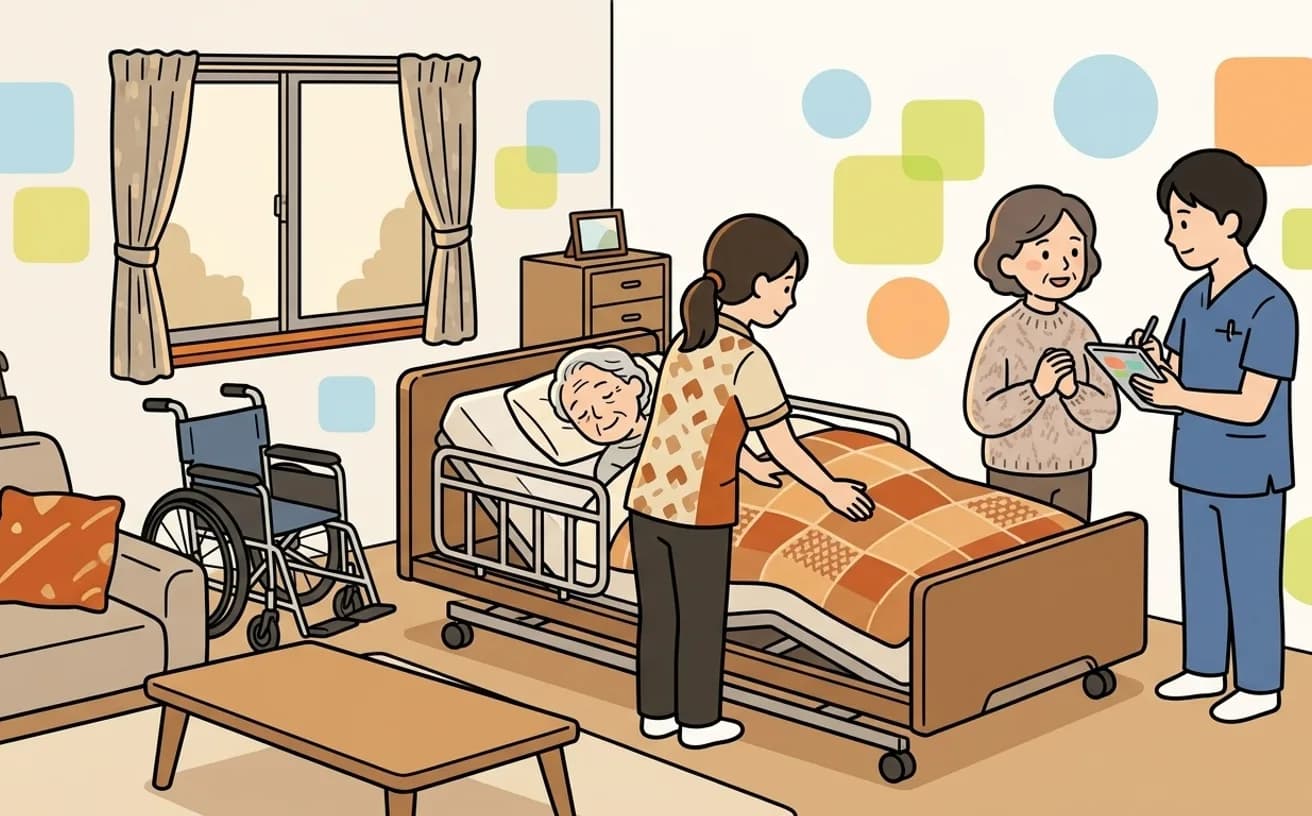 自宅の介護用ベッドで休む本人のそばで、ヘルパーが体の向きを整え、家族と看護師が話しているイラスト