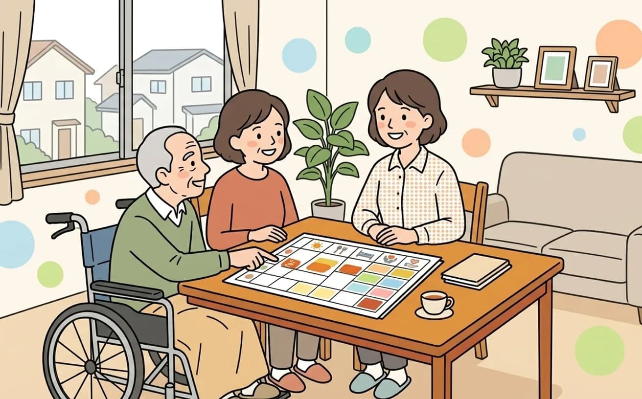 家族が生活スケジュール表を見せて相談しているイラスト