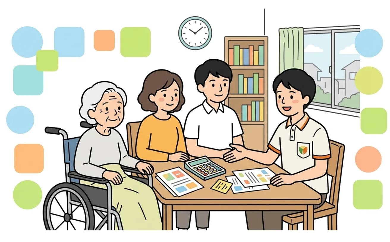 家族が費用について確認しているイラスト