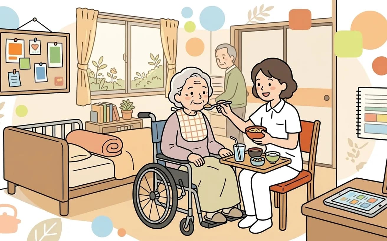 ヘルパーが利用者の食事介助をしているイラスト