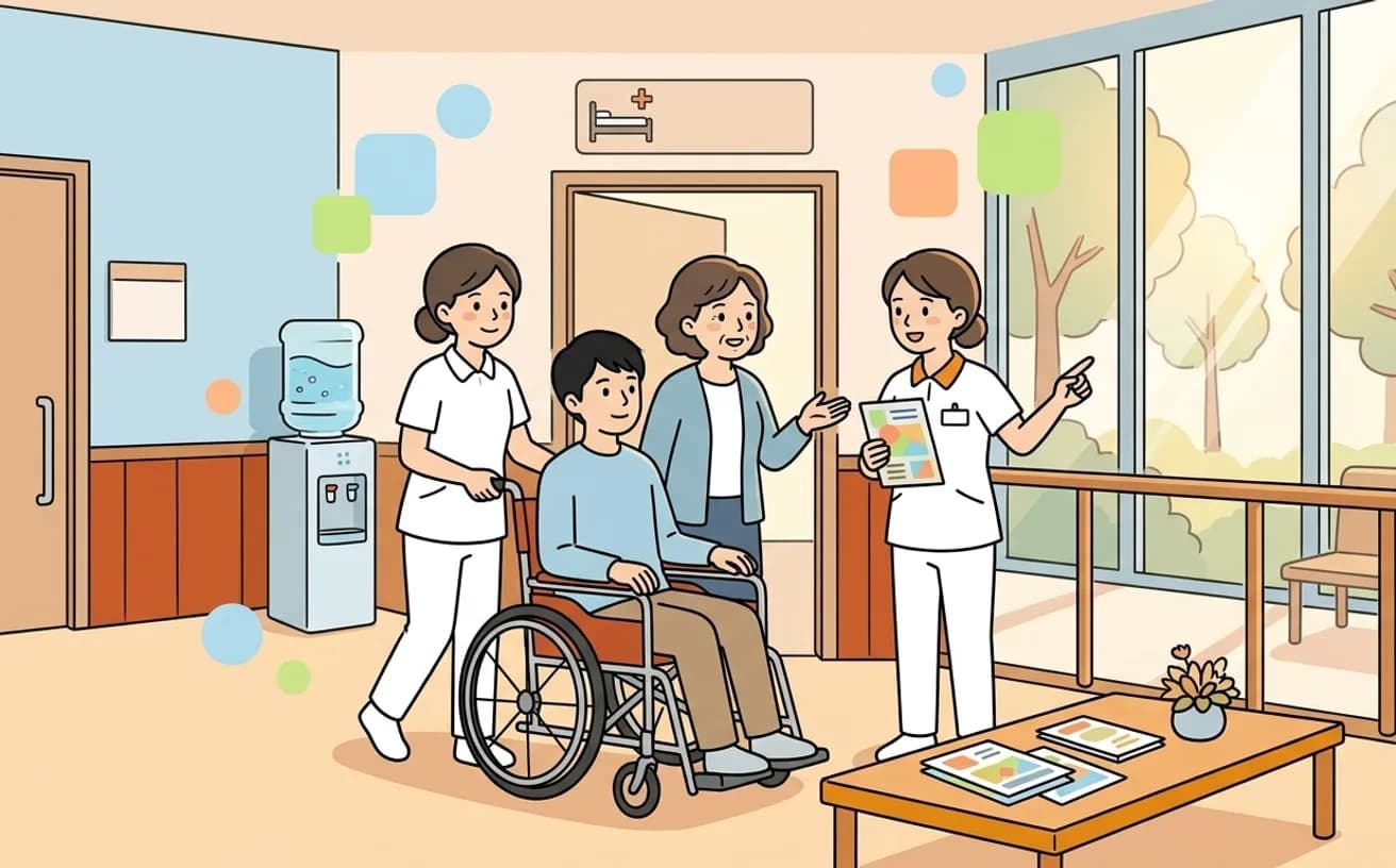 車いすの本人と母親が、施設の廊下で看護師から説明を受けながら見学しているイラスト