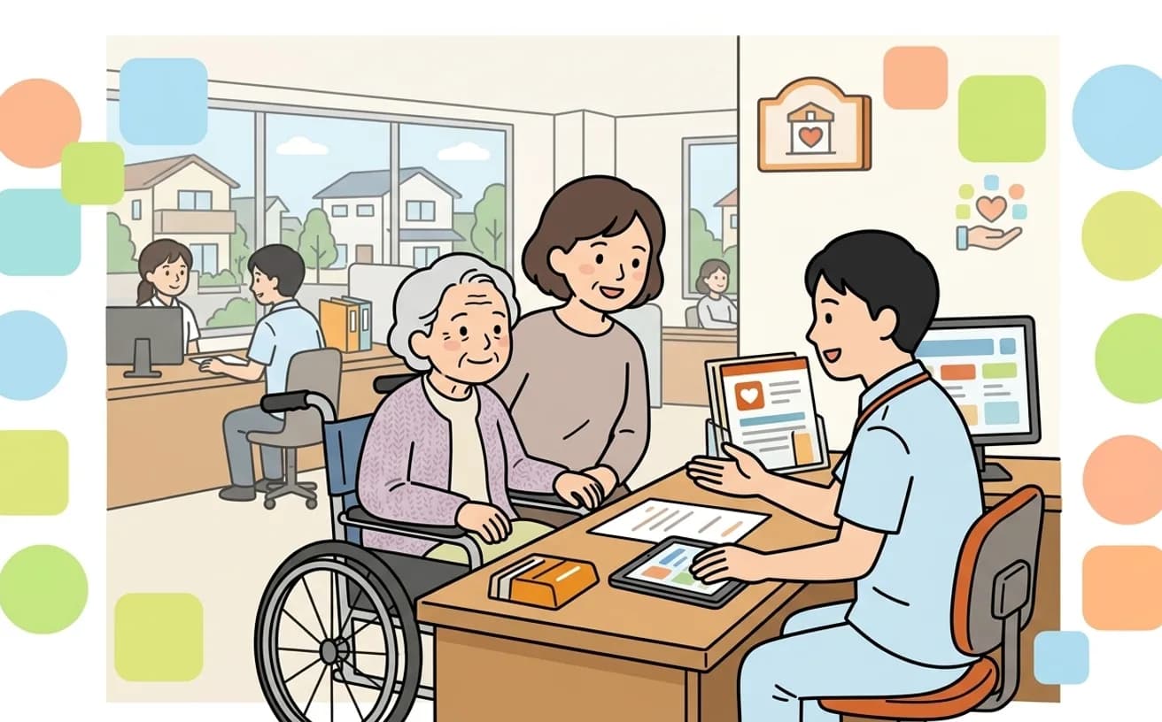 車椅子の利用者と家族が市役所窓口で説明を受けているイラスト