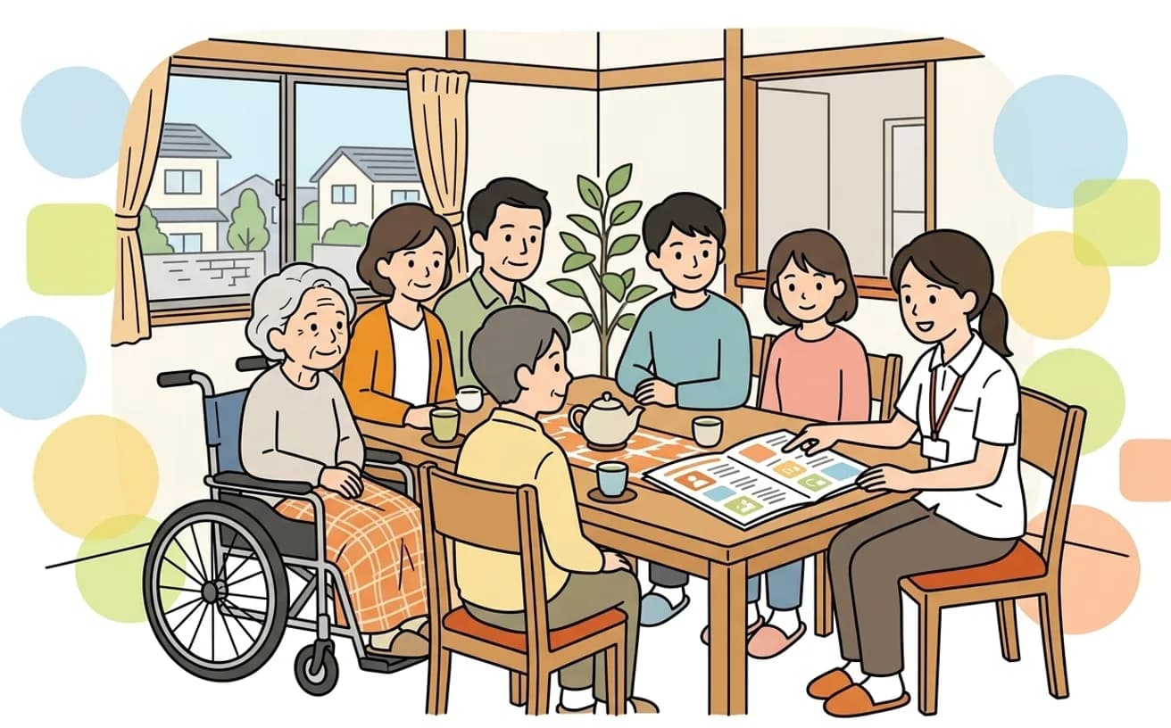 相談支援専門員が家族に利用計画を説明しているイラスト